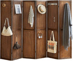 Asnefeli 6 Panel Pegboard Display with 24 Hooks, Wood Room Divider Wall, 5.6Ft Folding Privacy Screen Divider Room, Portable Freestanding Wall Organizer for Bedroom Reading Room(Dark Brown)
