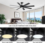 WINGBO 72" Large DC Ceiling Fans with Lights and Remote, 3 Downrods, 8 Plywood Blades, 6-Speeds Reversible DC Motor, 3CCT, Indoor Ceiling Fan for Bedroom Living Room Patio, Black