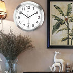 HITO 12 Inch Silent Wall Clock Battery Operated Non Ticking Glass Cover Silver Aluminum Frame, for Kitchen, Bedroom, Home Office, Living Room Decor