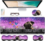 Ergonomic Keyboard Wrist Rest & Mouse Pad Wrist Rest Set, Large XXL Gaming Desk Mat 31.5"x 11.8" with Non-Slip Base, Memory Foam, Easy Typing Pain Relief for Home & Office, Cute Pug and Butterfly