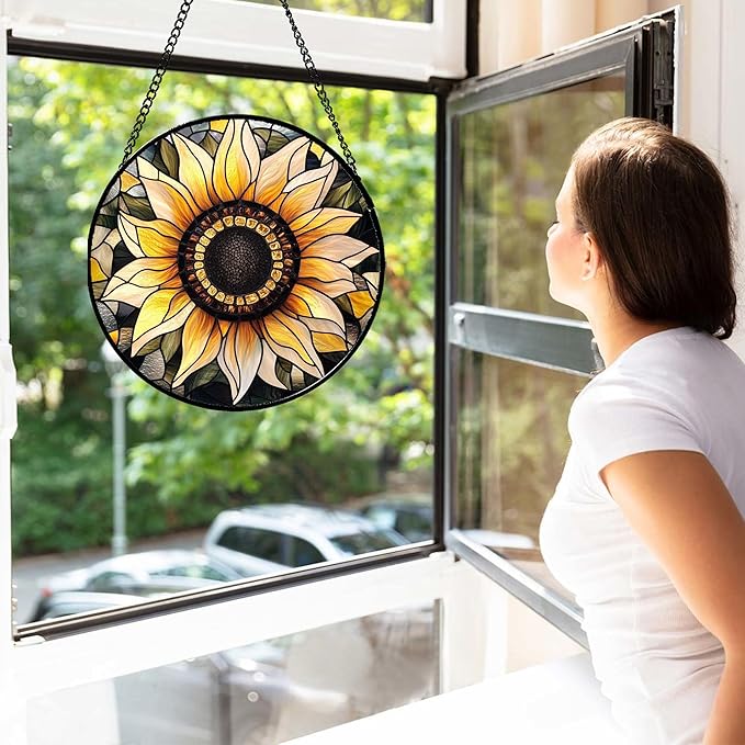 CRISGIF Stained Glass Window Hanging - Sunflower Suncatcher for Door Garden Patio Retro Flower Sun Catchers Decor Christmas Mother's Day Birthday Gifts for Women Mom Nana Friend Wife 15 in