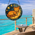 AMDERVEN Stained Glass Window Hanging - Orange Cat Sun Catcher for Door Home Decor Stars and Moon Suncatcher Christmas Mother's Day Birthday Loss of a Pet Gifts for Women Men Mom Nana 11.8 in