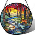 AMDERVEN Stained Glass Window Hanging, Red Tree Abstract Sunset Lake Sun Catcher for Window Home Decor Landscape Suncatcher Mother's Day Birthday Gifts for Women Men Mom and Nana 11.8 in