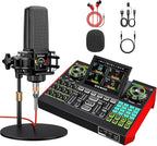 Live Sound Card Audio Mixer, Podcast Equipment Bundle with 3.5mm Condenser Microphone for Pc/Phone Live Streaming Singing Gaming, Sound Board with Voice Changer, Denoise