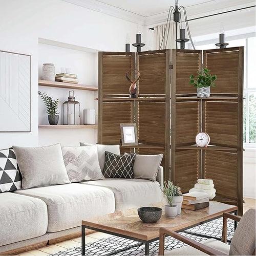 4 Panel Room Divider with Shelves, Room Dividers and Folding Privacy Screens, Folding Room Dividers 4 Panel, Wood Room Divider with 3 Display Shelves for Home Office (Brown)