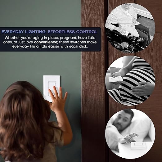 RunLessWire 4-Way Battery-Free DIY Wireless Light Switch Kit 150ft RF Range Self-Powered by Kinetic Energy for Hallways & Stairways: 3 Remote Switches Control 1 5A On/Off Receiver – White