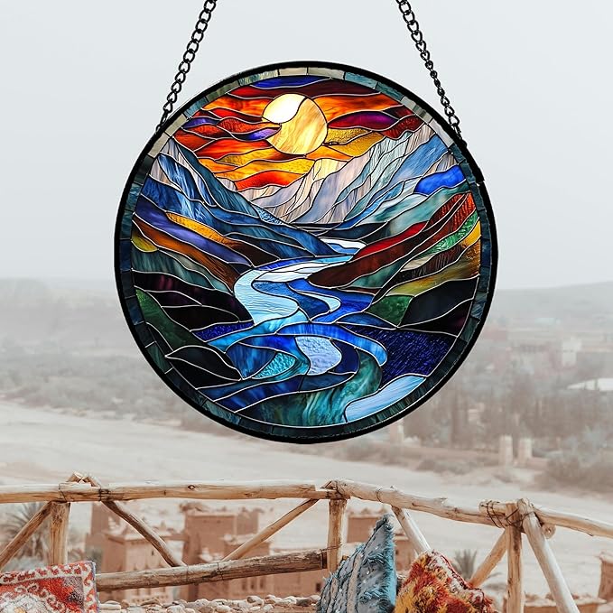 AMDERVEN Stained Glass Window Hanging, Canyon Mountains Sunset View Sun Catcher for Window Home Decor Landscape Suncatcher Mother's Day Birthday Gifts for Women Men Mom and Nana 7.8 in