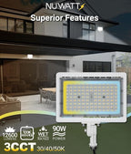 NUWATT 90W LED Flood Light, 3CCT 3000K/4000K/5000K Selectable, IP65 Waterproof Lighting, Adjustable Knuckle Mount, 12600LM, 0-10V Dimmable, 120-277V, Outdoor Security Floodlight for Yard, White, UL