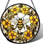 AMDERVEN Stained Glass Window Hanging - Yellow Flowers Surrounded by Bees Sun Catcher for Door Garden Home Decor Cute Suncatcher Christmas Mother's Day Birthday Gifts for Women Men Mom Nana 9.8 in