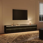 POVISON Fully-Assembled Mid Century Glossy Sintered Stone TV Stand, 94.49" Wood Media Console with Adjustable LED Light, Entertainment Center with Storage for Living Room