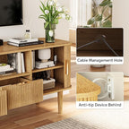 DAMCROP 62.4 Inch Fluted TV Stand, Modern Media Console Table with Sliding Tambour Door Farmhouse Sideboard Buffet Cabinet Fits TVs up to 75 inch, Wood Entertainment Center for Living Room(Oak)