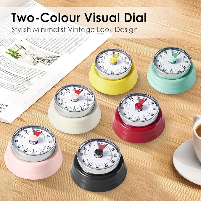 Visual Timer, Teeloray 60-Minute Countdown Timer, Kitchen Timer with Magnetic Base, Mechanical Clockwork, Ringer Alert, Time Management Tool for Children and Adults, Study/Work/Cooking (White)
