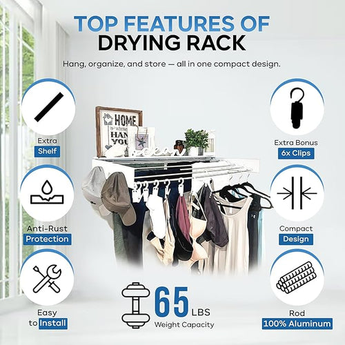 40" Premium Aluminium Foldable Clothes Drying Rack Included Shelf with 6 Rods & 6 Extra Clips - Large Laundry Rack | 65 LBs Capacity Space-Saving Collapsible Design for Indoor Outdoor Use