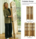 Svimi Room Divider with Shelves, 68.9inch Wood Carved and Louvered Wall Divider Freestanding, 4 Panels Folding Partition Screen for Bedroom Home Office (Natural)