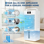 Portable Evaporative Air Cooler, 2.6Gal Touch Screen Cooler Fan with Remote Control, 6 Speeds 3 Modes LED Display, Quiet 3-in-1 Cooling, Ice Packs & Rolling Casters Included, for Bedroom Home Office