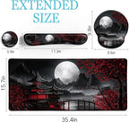 LIMKRIAN Japanese Mouse Pad Large Desk Mat Set, XXL Anime Full Moon Ergonomic Mousepad with Wrist Rest, Wrist Support Gaming Keyboard Mat Cup Coaster Set, Japanese Style Office Desk Accessories