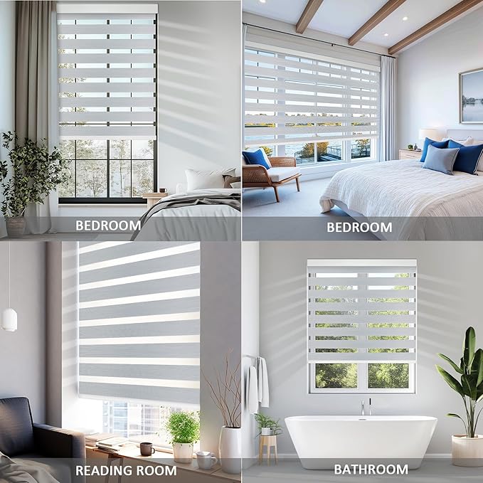 COOLWINDS Motorized Zebra Blinds for Windows Cordless Electric Curtains with Remote Control Blackout Shades Custom Smart Blinds Compatible with Alexa Google Home(95% Blackout Grey,W22 X 72in)