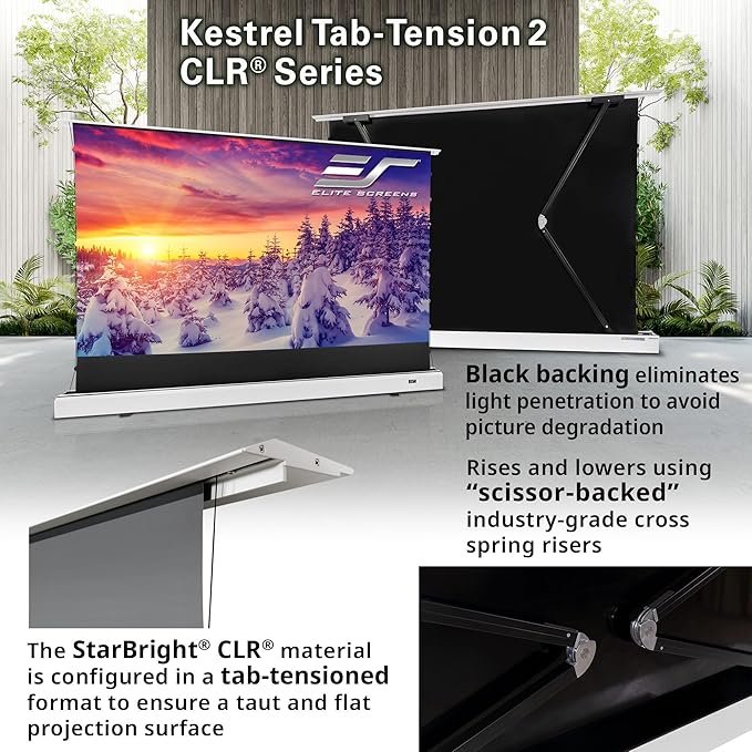 Elite Screens Kestrel Tab-Tension CLR, 121 inch 16:9, Ultra-Short Throw Ceiling Ambient Light Rejecting ALR Electric UST Floor-Rising Projection Motorized Front Projector Screen, FTE121UH3-CLR, Black