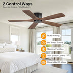 WINGBO 48" Flush Mount DC Ceiling Fans without Lights, 5 Carved Solid Wood Blades, 6-Speed Reversible DC Motor, Low Profile Hugger Ceiling Fan No Lights for Living Room Bedroom Patio, Black and Walnut