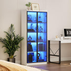 Dystler Display Cabinet with Doors and Adjustable Shelves, 65" Tall Bookcase with LED Lights/Human Sensor, 5 Tier Display Case for Collectibles Bedroom Living Room Office, White