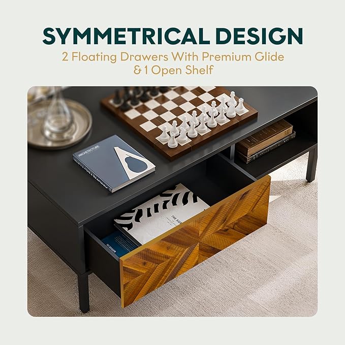 Bme Vivian Coffee Table, Solid Acacia Wood Living Room Center Table, Rustic Golden Brown Mid Century Modern Rectangular Coffee Table with Metal Legs, Sturdy Wooden Table for Home Décor