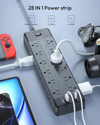 24 Widely Outlets 5 Ft Extension Cord NTONPOWER 15A/1875W Power Strips,Black Extension Cord 25FT with 4 USB Ports(2 USB C), Wall Mount Holes for Home, Office