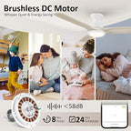 SMAAIR Smart Ceiling Fans with Lights Damp Covered, Solid Wood Flush Mount, Tri-Color Temperatures LED Dimmable,Quiet Reversible Motor, Works with Alexa|Google Assistant|Siri Shortcuts (52inch, White)