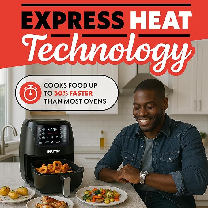 Gourmia Air Fryer - 6 Qt Large Capacity, FryForce 360º, Digital Display with 12 Presets, Roast, Bake, Broil, Dehydrate, Dishwasher Safe Accessories, Black