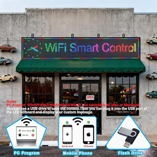 77”x14” Programmable LED Display Sign, P10 Outdoor Digital Scrolling Message Board with WiFi/USB Control, High Brightness Waterproof Screen for Business Advertising & Menu