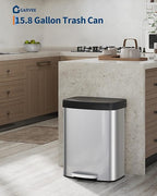 Garvee 16 gal / 60 L Stainless Steel Trash Can with Lid, Large Garbage Can for Kitchen, Rustproof Step-on Kitchen Metal Trash Bin with Liner Rim, Rear Handle, Soft Close Plastic Lid, Silver