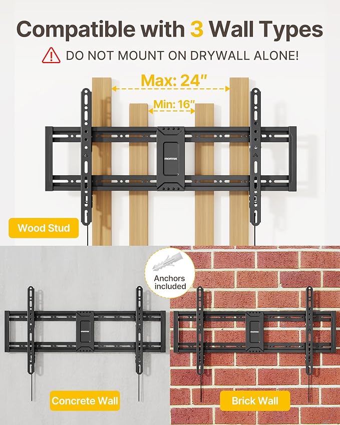 monTEK Heavy Duty Tilting TV Wall Mount for 43-95 Inch TVs, 200 lbs Capacity, 1.65" Slim Low Profile Wall Bracket, Max VESA 800x400mm Fits 16"/18"/24" Studs, Space-Saving for Large Flat & Curved TVs