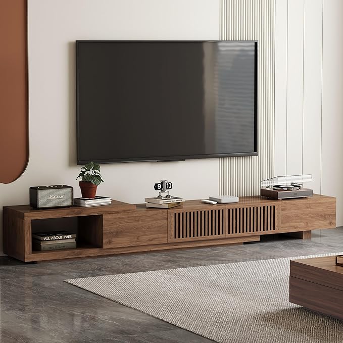 gaoyangjiaju Modern Walnut TV Console for 75+ Inch Screen – Extendable Wood Media Unit (78"-103") with Grille Doors and Drawers, Great for Living Rooms & Bedrooms