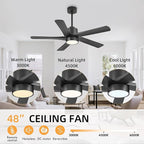 WINGBO 48 Inch DC Ceiling Fan with Lights and Remote Control, 5 Carved Solid Wood Blades, 6-Speed Noiseless Reversible DC Motor, Indoor Ceiling Fan in Matte Black Finish with Black Blades
