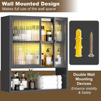 Wall Mounted Bathroom Cabinet with Glass Doors, Metal Over Toilet Storage Cabinets with Open Shelves, Medicine Cabinets for Bathroom, Living Room, Bedroom, Black