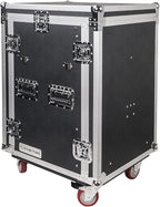 Sound Town Heavy-Duty 1/2" (12mm) Plywood 16U PA DJ Rack/Road ATA Case with 11U Slant Mixer Top, 20" Rackable Depth, 2 DJ Work Tables and Casters, Pro Tour Grade (STMR-16UWT2)