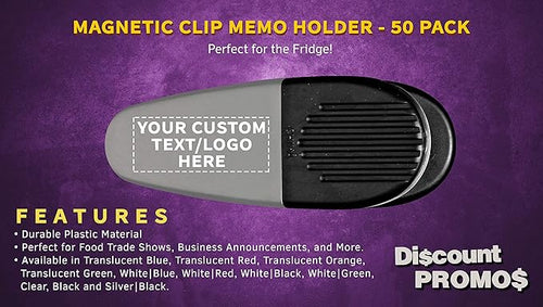 50 Magnetic Memo Holders Set - Customizable Text, Logo - Large Clip, Plastic - Silver Black