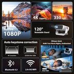 Wielio Smart Projector with WiFi 6 and Bluetooth - 4K Support 350Ansi Portable Bedroom Mini Projector Native 1080P , 2026 New Auto Keystone & Zoom Home Theater Cinema Movie Proyector, 120° Stand