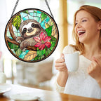 AMDERVEN Stained Glass Window Hanging, Cute Sloth Sun Catcher for Door Home Decor Animal Suncatcher Christmas Mother's Day Birthday Gifts for Women Men Mom and Nana 11.8 in