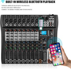 6 Channel Professional Audio Mixer with 48V Phantom Power, USB Audio Interface, Bluetooth & MP3 Player, Sound Board for Podcast, Home Studio, Live Streaming & Recording