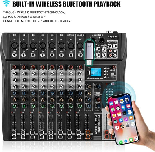 6 Channel Professional Audio Mixer with 48V Phantom Power, USB Audio Interface, Bluetooth & MP3 Player, Sound Board for Podcast, Home Studio, Live Streaming & Recording