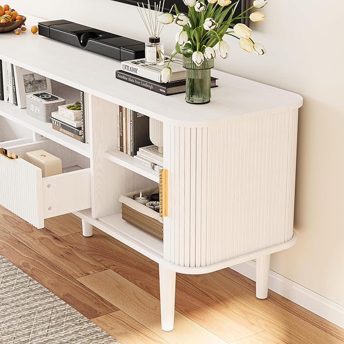 DAMCROP TV Stand 62.4 Inch Mid Century Modern Media Console Table with Drawer Sliding Tambour Door Farmhouse Sideboard Buffet Cabinet Fits TVs up to 75 inch Fluted Wood Entertainment Center(White)