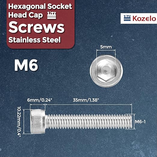 Kozelo 15pcs Socket Head Cap Screws - [M6-1 x 35mm] 304 Stainless Steel Allen Socket Drive for Electrical Motor 3D Printing Fan Engine Replacement Use, Silver