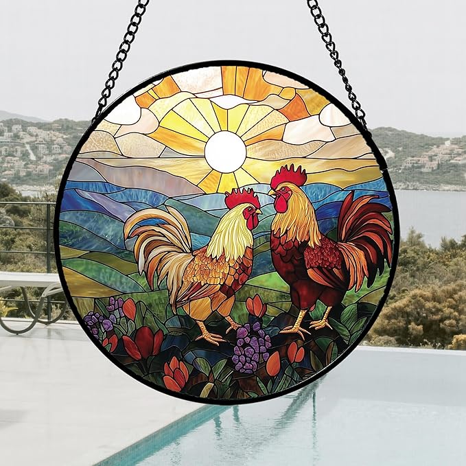 AMDERVEN Stained Glass Window Hanging, Countryside Scenery Chicken Sun Catcher for Door Home Decor Sunrise Suncatcher Christmas Mother's Day Birthday Gifts for Women Men Mom Nana 9.8 in