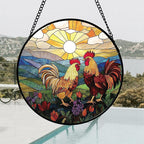 AMDERVEN Stained Glass Window Hanging, Countryside Scenery Chicken Sun Catcher for Door Home Decor Sunrise Suncatcher Christmas Mother's Day Birthday Gifts for Women Men Mom Nana 9.8 in
