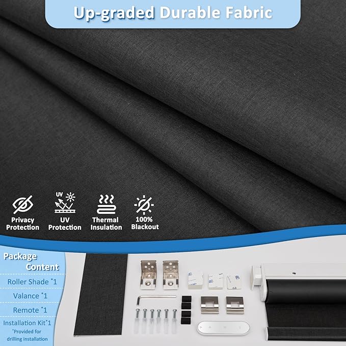 MANSNIX Smart Motorized Blinds with Remote, Cordless No-Drill Automatic Roller Shades, Blackout Electric Blind for Windows, Black, 35.5 x 72