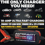 Antigravity SC-10 Super-Charger 10A Smart Battery Charger & Maintainer for 6V/12V Lithium (LiFePO4) & Lead-Acid Batteries – LCD Display, Power Supply Mode, BMS Reset