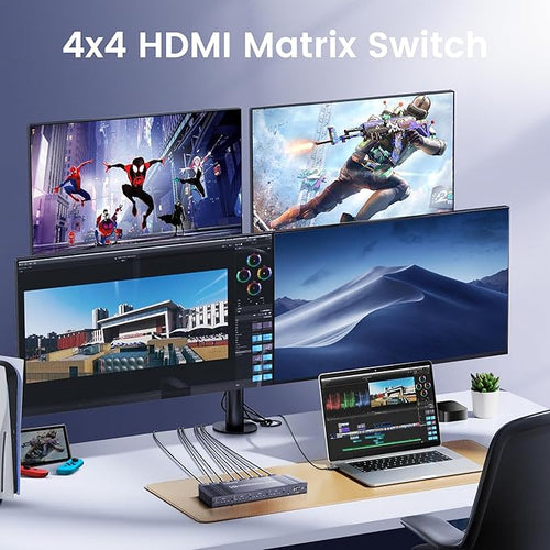 4x4 HDMI Matrix Switch 4K 30Hz, 4 in 4 Out HDMI Switch with Remote Supports HDR, 3D, HDMI 1.4, HDCP 1.4, Downscaler 4K & 1080P, 4 Way HDMI Splitter Switch for Fire TV Stick, Xbos, PS4/5