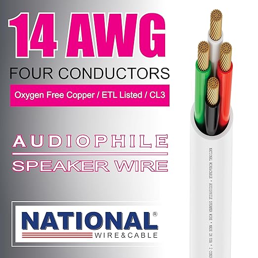 NATIONAL Wire&Cable - 14/4 Audiophile Speaker Wire (1000 Feet) 14AWG Gauge - Made in USA - in Wall Audio Speaker Wire Cable/CL Rated/ETL Listed / 2 Conductors - Oxygen-Free Copper, White 1000ft