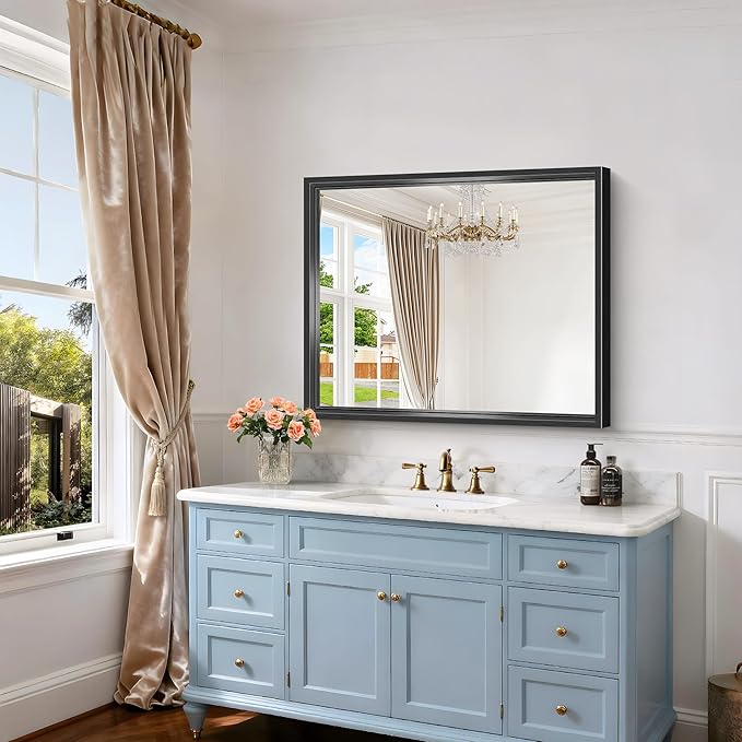 Black Bathroom Mirror, 36 x 30 Inch Brushed Black Rectangle Mirrors for Wall, 0.6" Thickened Deep Frame Mirrors for Over Sinks, Shatterproof Tempered Glass, Antirust, Horizontally or Vertically
