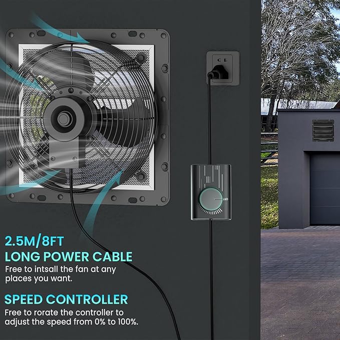 HG Power 14 Inch Shutter Exhaust Fan with Speed Controller, 882CFM High-Speed Vent Fan, 1400RPM Wall Mounted Attic Fan with Steel for Shed, Garage, Greenhouse Ventilation, Black